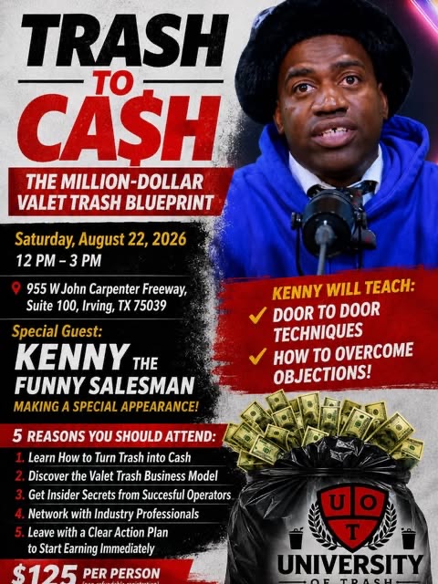 Seminar flyer announcing guest speaker Kenny the Funny Salesman on door-to-door technique and overcoming objections.