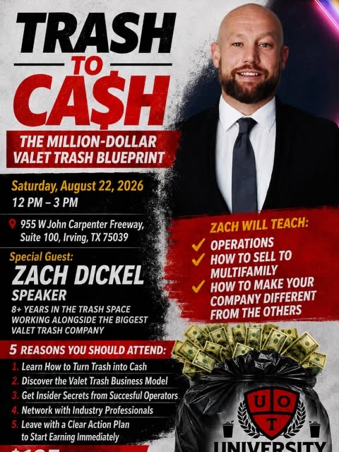 Seminar flyer announcing guest speaker Zach Dickel on operations, selling to multifamily, and differentiation.