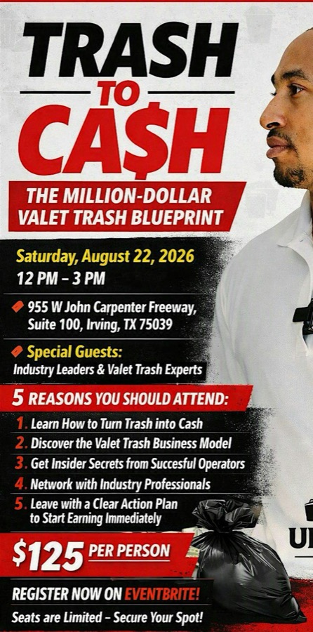 Event flyer for the Million-Dollar Valet Trash Blueprint seminar on Saturday, August 22, 2026, 12 PM to 3 PM in Irving, Texas.